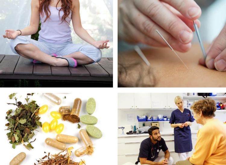 Photos showing woman meditating, herbs and pills, acupuncture needles, and a patient consulting healthcare professionals
